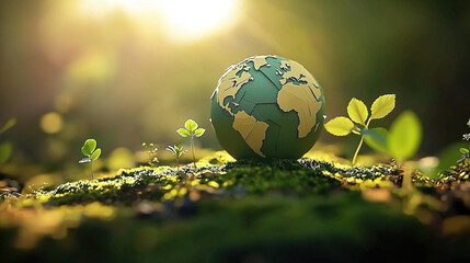 Moss and leaf-covered green planet Earth resting on grass, sunrays highlighting environmental awareness and global ecosystems, with colorful land and ocean textures symbolizing nature’s diversity.