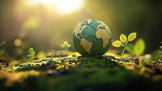 Moss and leaf-covered green planet Earth resting on grass, sunrays highlighting environmental awareness and global ecosystems, with colorful land and ocean textures symbolizing nature&rsquo;s diversity.
