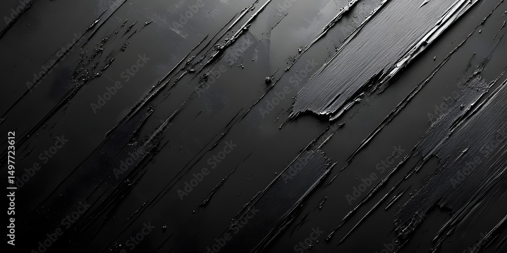 Poster black background with sparse angular grey brushstrokes as straight diagonal lines or smudges, restra