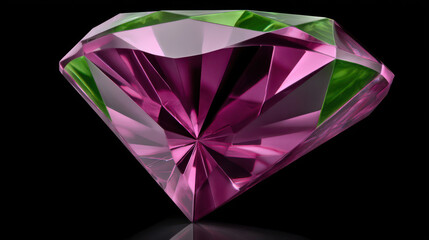 Beautiful gemstone with radiant pink and green colors, meticulously faceted for maximum brilliance, shining dramatically on a reflective black surface backdrop.