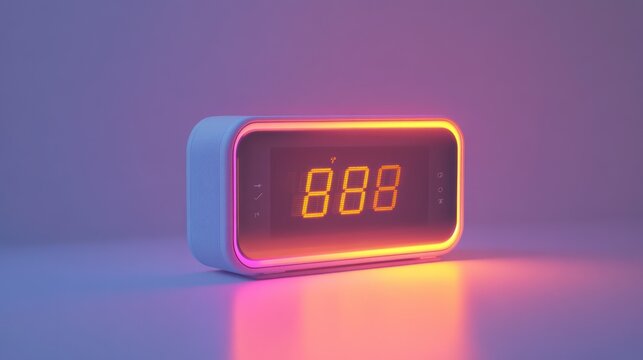 Close-up of a neon digital alarm clock displaying 888 against a purple backdrop.