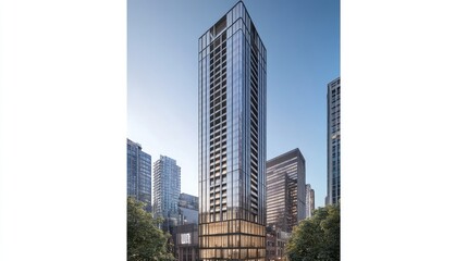 Modern high-rise skyscraper in city.