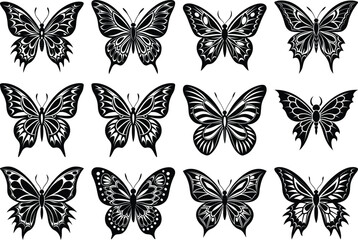 Silhouettes of butterflies,Insect butterfly black silhouette,Abstract modern seamless pattern of monarch butterfly contours on white background for decoration design.
