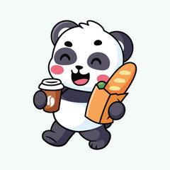 Cute Happy Panda with Coffee Cup and Baguette – Kawaii Cartoon Style