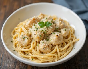 Delicious Italian spaghetti with meatballs and rich tomato meat sauce on a white plate