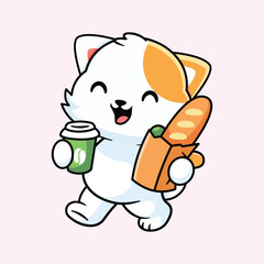 Cute Happy Cat with Coffee Cup and Baguette &ndash; Kawaii Cartoon Style