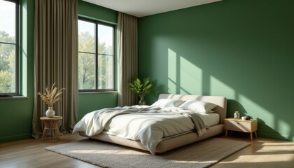 create a modern bedroom interior image featuring a simple minimalist luxury bed in a green room with soft sunlight ing through the window