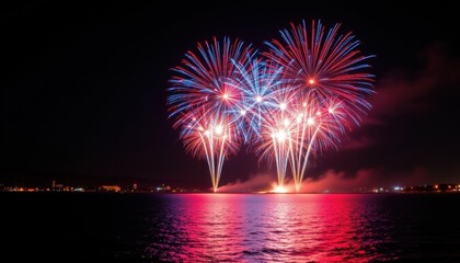 create a captivating image featuring a stunning fireworks display over water, illuminating the night sky against a stark black background, the vibrant colors of red