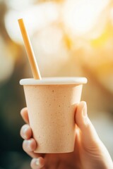 Hand holding eco-friendly paper cup with straw, warm sunlight background