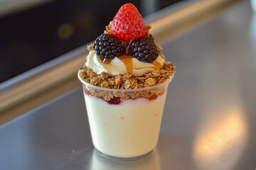 Layered yogurt parfait with creamy Greek yogurt, granola, fresh berries, and a drizzle of honey