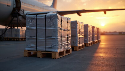 Cargo pallets wrapped for air freight loading at sunset. Pallets cargo, wrapped in protective plastic ready for air freight, sit on tarmac near large aircraft. Transportation, logistics, delivery,
