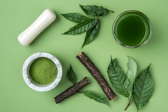 Neem leaves and paste in a white bowl, with neem juice on an isolated background