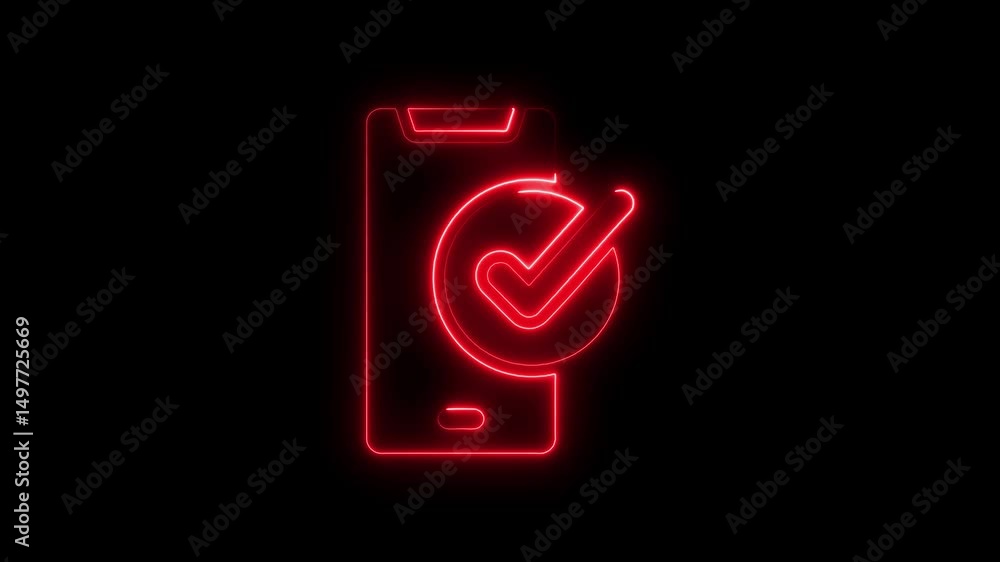 Poster red neon smartphone interface with checkmark signifying successful confirmation process