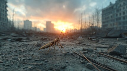 Naklejka premium Colossal Ancient Locust Over Towering Ruins at Sunset