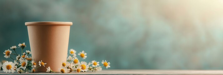 Paper cup with herbal tea and wildflowers, rustic wooden table setting