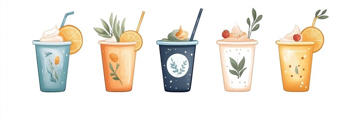 Colorful illustrated drinks with fruit and herbs, topped with cream
