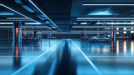 Futuristic automobile showcase in a sleek modern parking structure with neon lighting