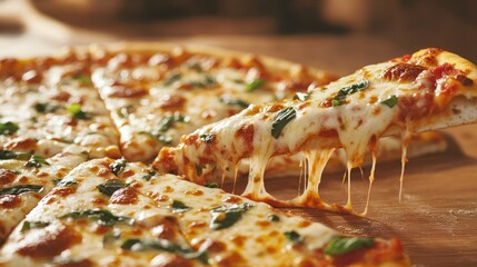 Delicious pizza with gooey cheese being lifted in a warm inviting scene.