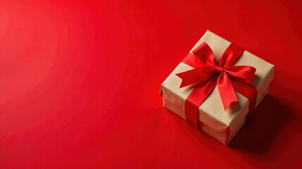 A single gift box with a vibrant red ribbon, elegantly presented against a bold red background, conveys a sense of celebration and anticipation.