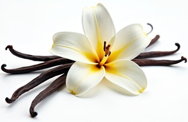 Vanilla flower, vanilla beans composition isolated on white background. Beautiful white flower with yellow center. Vanilla pods, ingredient for sweets, pastries, desserts, cooking. Natural organic,
