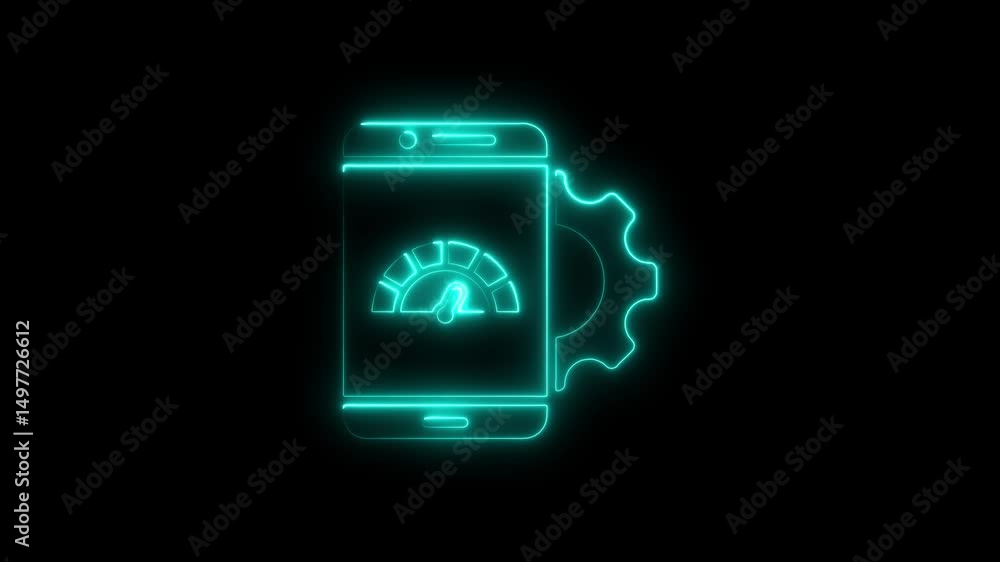 Poster neon smartphone interface and gear symbolizing performance optimization on black background