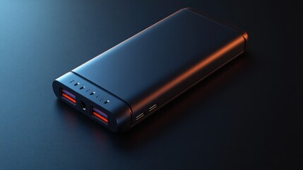 A sleek black power bank sits on a dark surface. Modern and minimalist design.