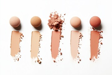 Assorted foundation shades displayed on a white background with powder and cream swatches