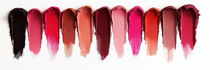 Various lipstick colors in swatches arranged in row on white background