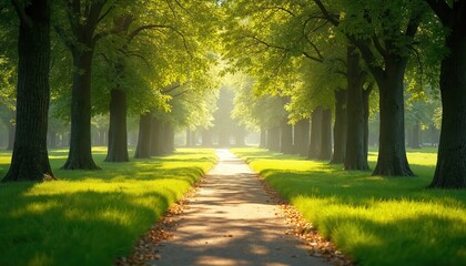 Naklejka premium Pathway through green park, sunlight. Trees form tunnel over road. Path leads to sunlight. Serene landscape, calmness, escape, peaceful environment. Nature, harmony.