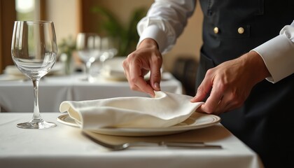 Waiter preparing elegant table setting fine dining restaurant. Hand placing napkin on plate, preparing for dinner. Pro service, hospitality, luxury experience at white tablecloth. Fine cutlery,