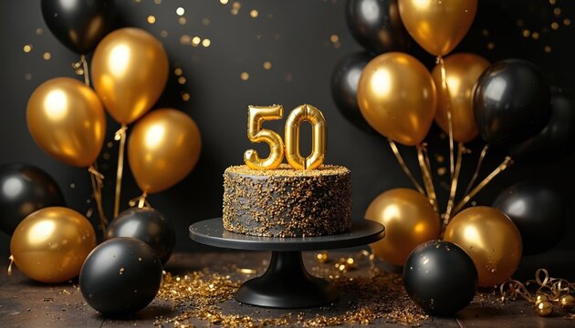 Festive 50th birthday anniversary cake with golden number candles on dark background with black and gold balloons. Golden wedding celebration event concept. Invitation card design.