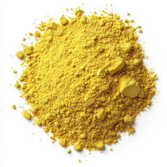 Bright yellow powdered ingredient pile on a white background, showcasing a fine texture and vibrant color for culinary use