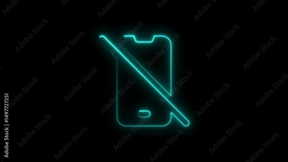 Poster neon animation of mobile phone with slash indicating disable or mute mode