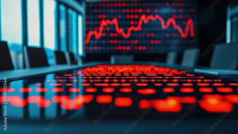 Poster a modern conference room with a digital display showing fluctuating red graphs and illuminated butto