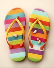 Rainbow Flip-Flops and Pebbles: A pair of vibrant rainbow-striped flip-flops adorned with small pebbles, suggesting a summer vacation or beach day. The image evokes feelings of relaxation and fun. 