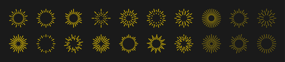 Sunburst gold icon set. Sunshine, sunlight, sun sign, symbol collection. Summer weather. Vector illustration. A design element. Isolated on a black background. Editable stroke.