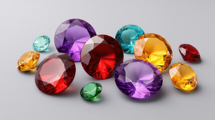 An assortment of colorful cut gemstones including red, purple, blue, yellow, and green hues are scattered across a seamless light gray background, shiny and bright.