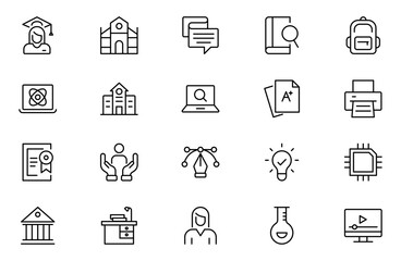 Education and Learning Outline icons set. Education, School, Learning, university, textbook.Containing video tuition, e-learning, online courses, educational websites, and digital education icons.