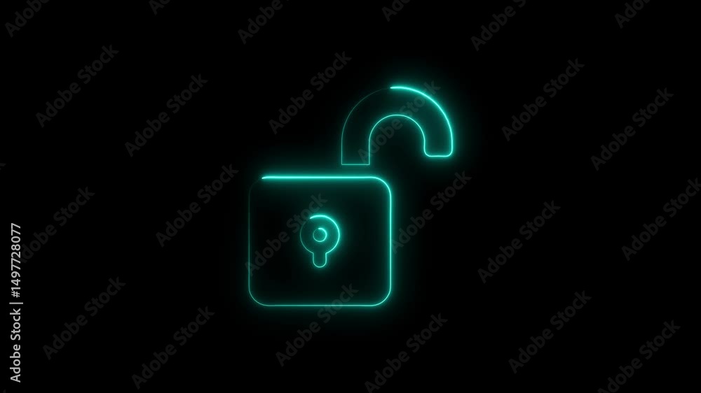Aufkleber glowing neon open padlock animation against black background representing security concepts