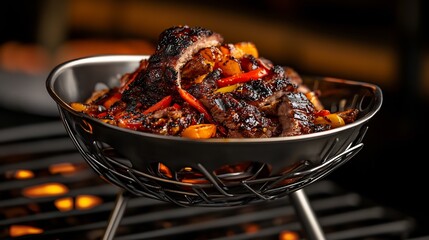Grilled Steak and Peppers in a Black Grill Basket