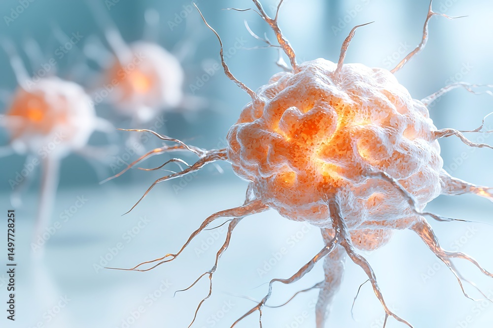 Poster close-up of a glowing neuron in a digital environment
