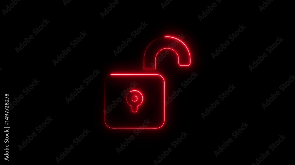 Poster neon red open lock icon animation on black background symbolizing access and security