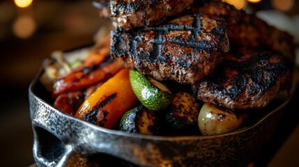 Grilled Steak and Vegetables in a Rustic Cast Iron Dish