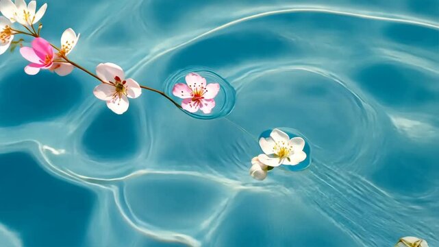 Soft pink and white cherry blossoms drift in crystal-clear water, creating a luxurious and minimalistic atmosphere. Great for wellness, spa content, or romantic visual themes.