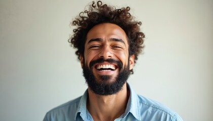 Fototapeta premium Young man portrait. Joyful person with thick beard, curly hair, wearing blue shirt. Wide smile expresses happiness and positive emotions. Healthy teeth, good mood.