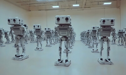 Robotic Assembly: Rows of Identical White Robots in a Bright Ind