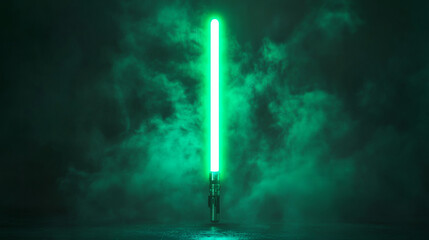 Illuminated green lightsaber on background