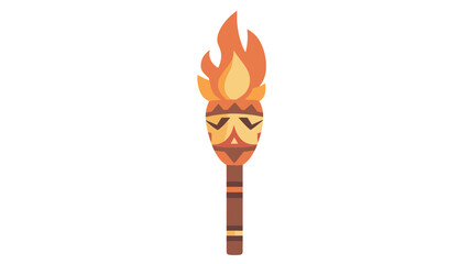 A digitally rendered illustration depicts a tiki torch against a pure white background. The torch features a stylized tribal mask design in warm orange and brown hues, set against a slender, dark