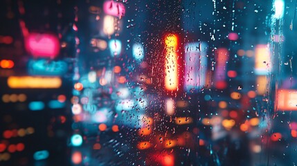 Obraz premium City Lights Through Raindrops - Close Up View of Raindrops on Window with Blurred Urban Cityscape Background at Night