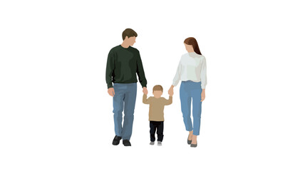 Fototapeta premium The image shows a full-body studio shot of a family of three��a man, a woman, and their young son��walking hand-in-hand against a pure white background. The figures are presented as cutouts,